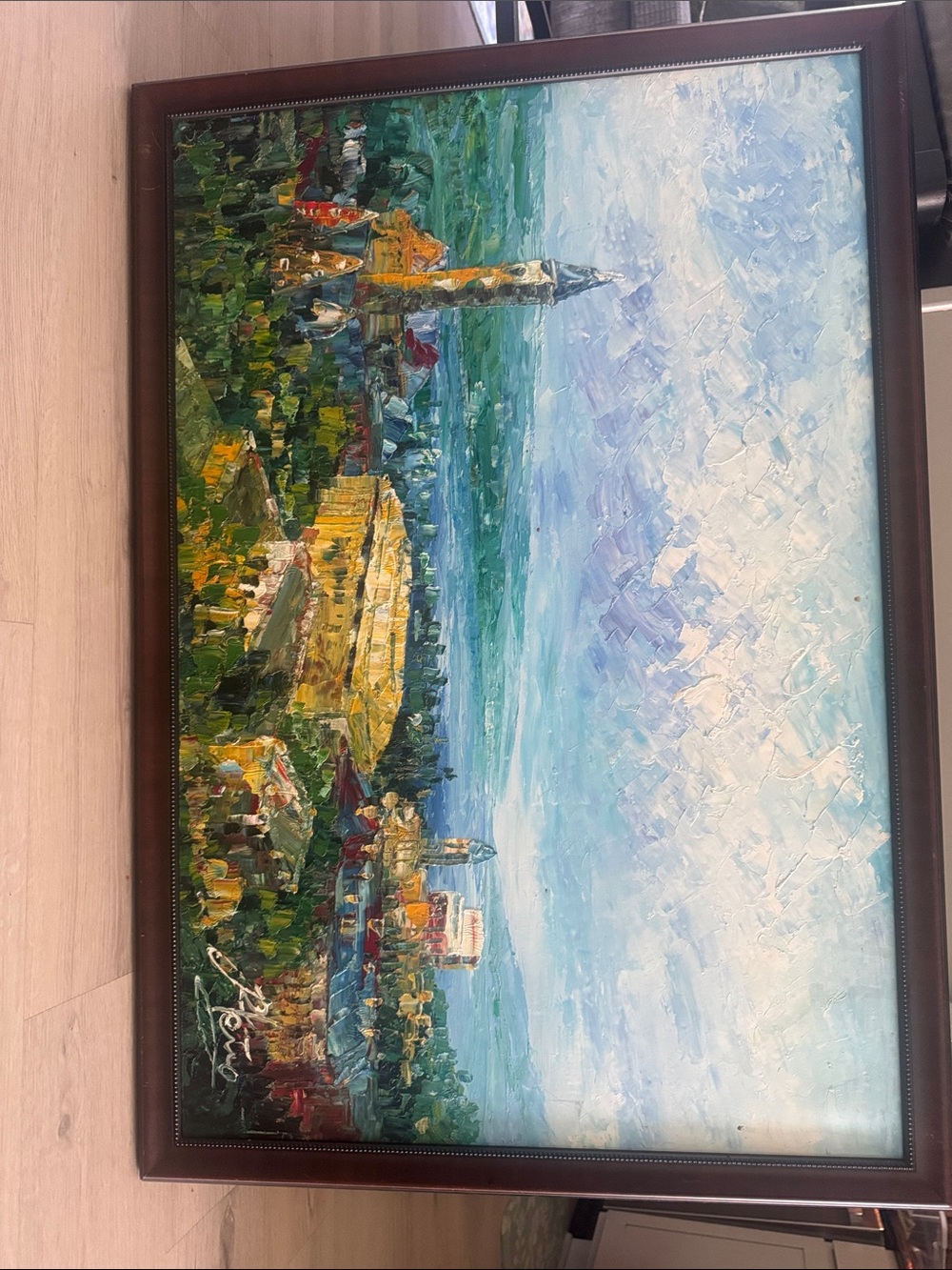 Vibrant Coastal Cityscape Oil Painting in Blue, Green & Yellow